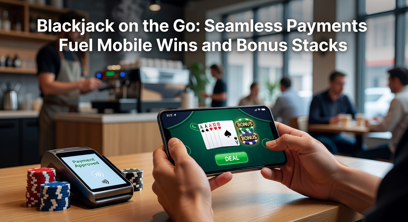 Smartphone mit Blackjack-App im Vordergrund, umgeben von Zahlungssymbolen wie Apple Pay und Kryptowährungen, während Karten auf dem Tisch fliegen