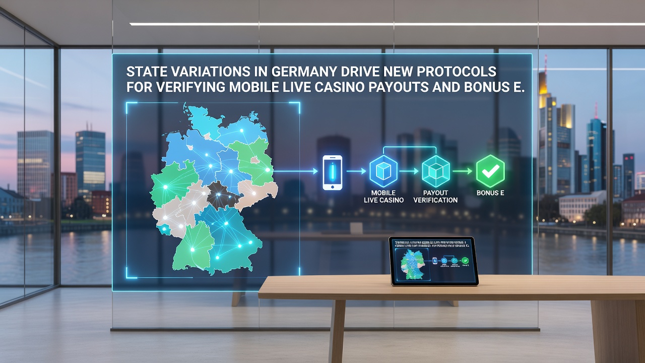 Illustration eines mobilen Live-Casino-Interfaces mit Verifizierungsprotokollen für Auszahlungen und Boni unter regionaler Aufsicht